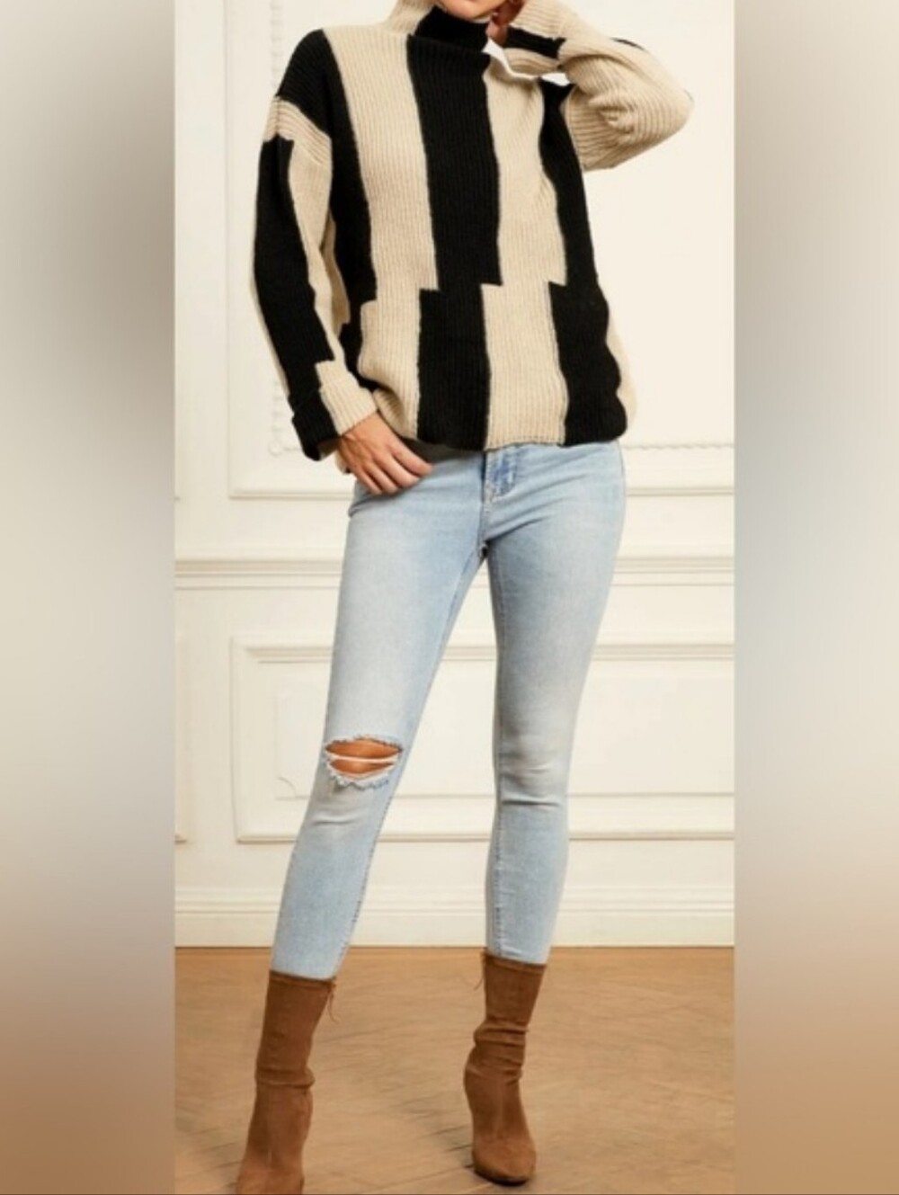 StyleWe Black and Tan Offset Stripes Oversize Turtleneck Sweater Size Small #730